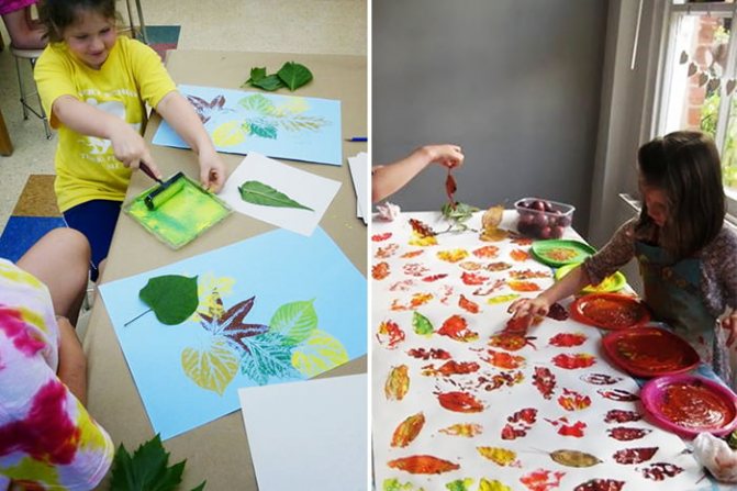 Children draw with leaf prints