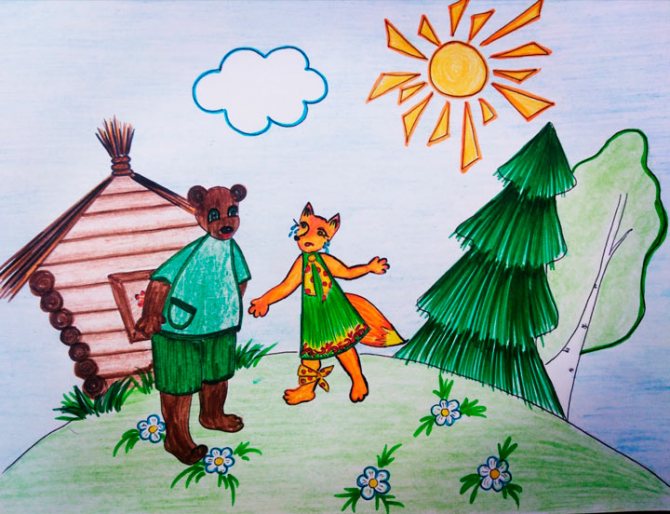 Иллюстрация к сказке: Медведь встречает Хитрую лису