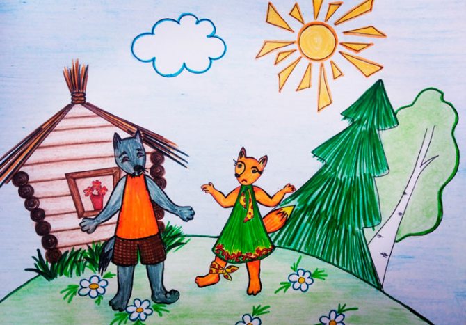 Illustration for the fairy tale: The Wolf meets the Sly Fox