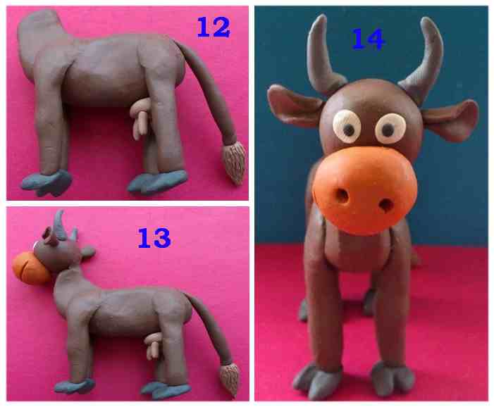 We sculpt the cow Zorka from plasticine, step 12 - 14