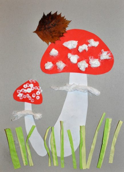 The fly agaric is decorated with cotton wool and strips of fabric
