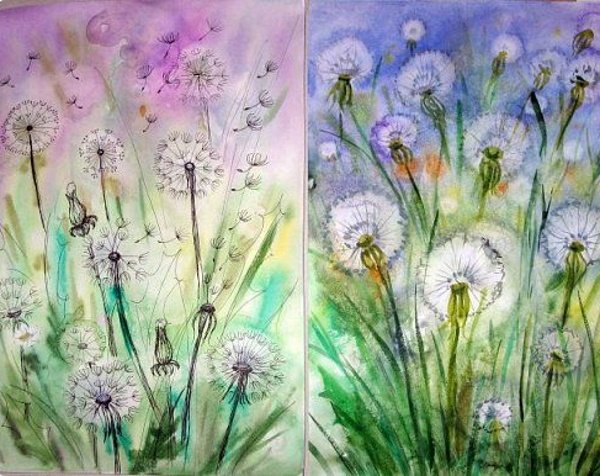 Dandelion drawing for children with pencil and paints