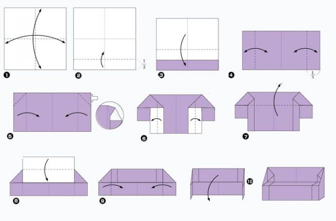 Поэтапная сборка дивана для кукольного домика в технике оригами