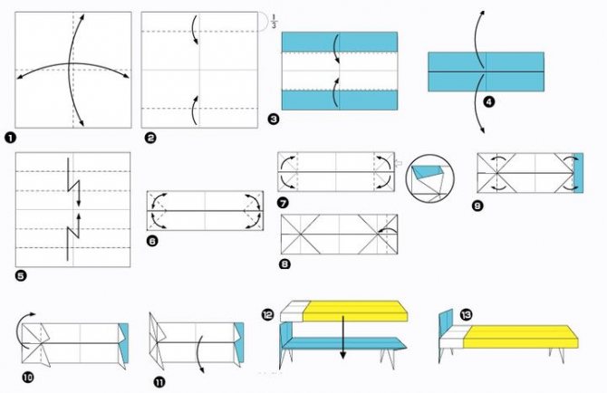 Step-by-step assembly of a bed for a dollhouse using the origami technique