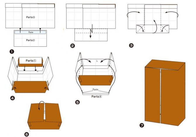 Step-by-step assembly of a cabinet for a dollhouse using the origami technique