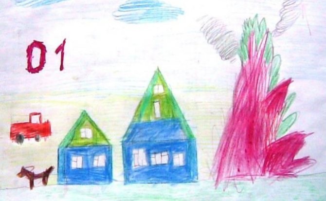 Рисунок ребенка из детского сада на тему пожарной безопасности.