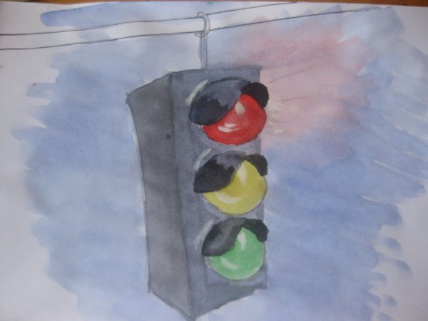 Drawing of a traffic light for children to color with a pencil, paints with hands, road, face