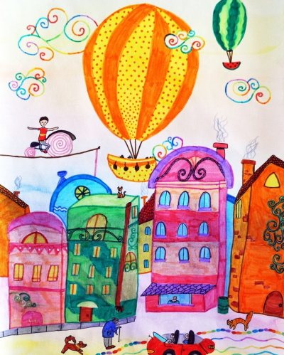 Drawing of a Balloon for children in pencil and gouache