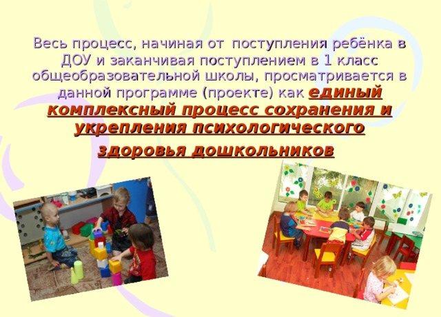 The entire process, starting from a child’s admission to a preschool educational institution and ending with admission to the 1st grade of a general education school, is viewed in this program (project) as a single comprehensive process of preserving and strengthening the psychological health of preschoolers
