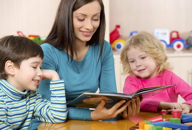 Woman reading a book to children